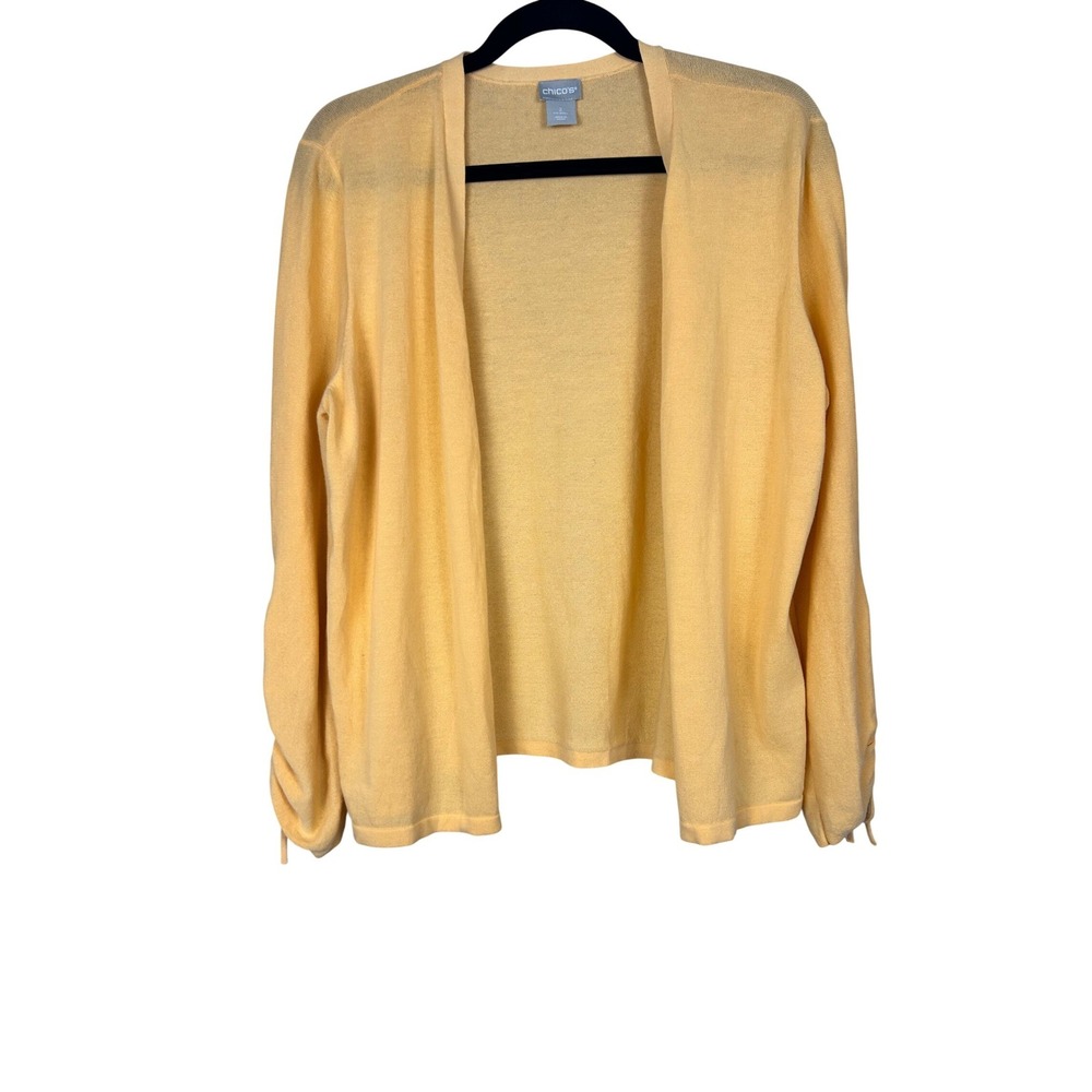 Chico's Orange Open Front Cardigan Ruched Sleeve Cotton Blend Sweater Size Large